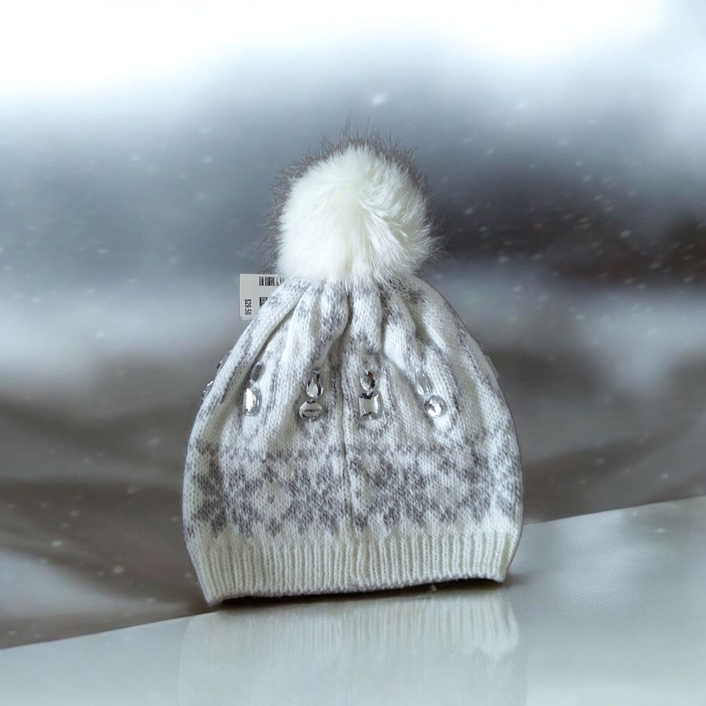 Chic White‎ and Gray Kids Beanie with Pom-Pom